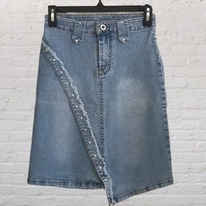 HIGH WAISTED BACK SLIT ASYMMETRICAL EMBELLISHED DENIM JEAN SKIRT